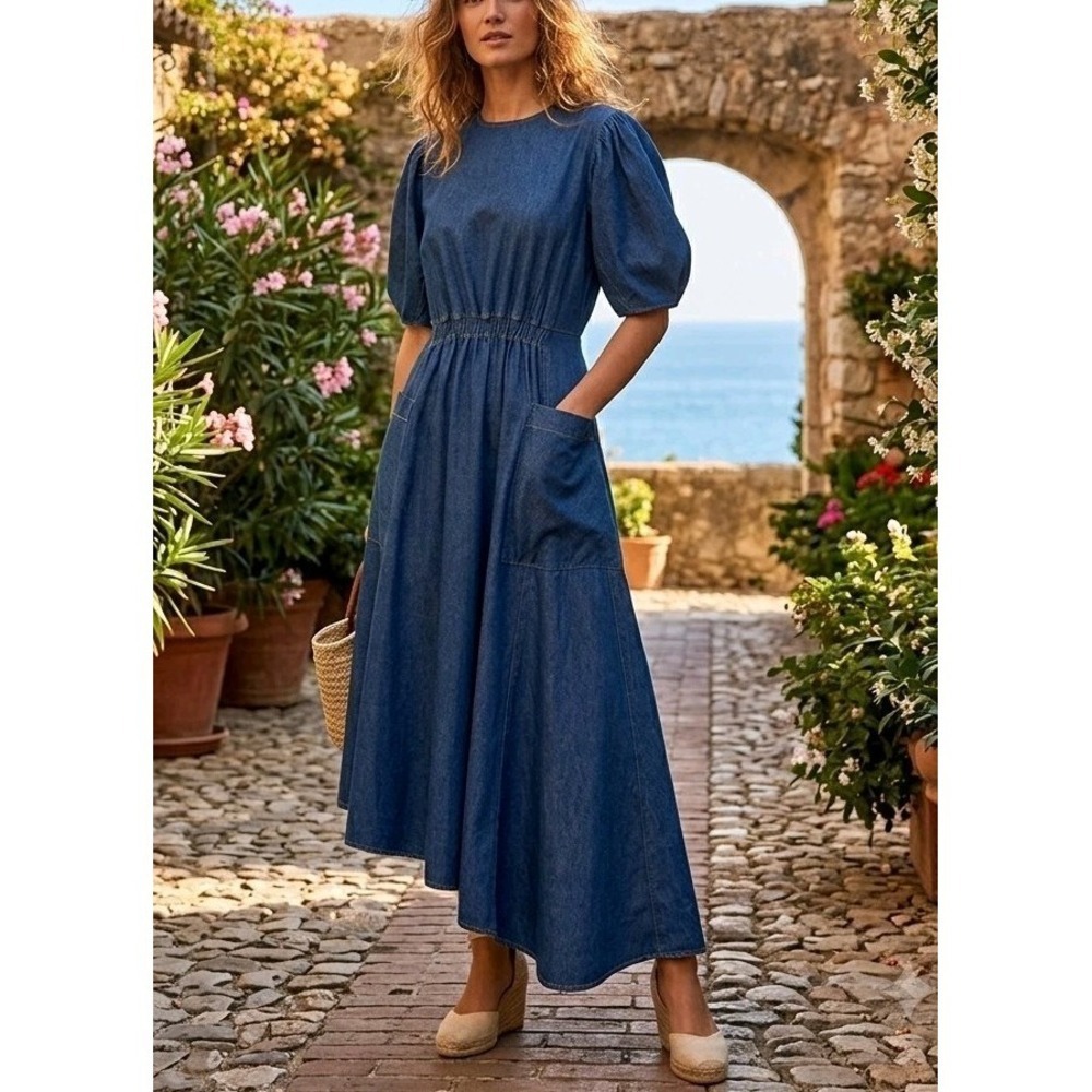 NWT ALIGNE Harlin Denim Midi Dress UK18 US14 Cotton Puff Sleeve Pockets Blue - Picture 1 of 14